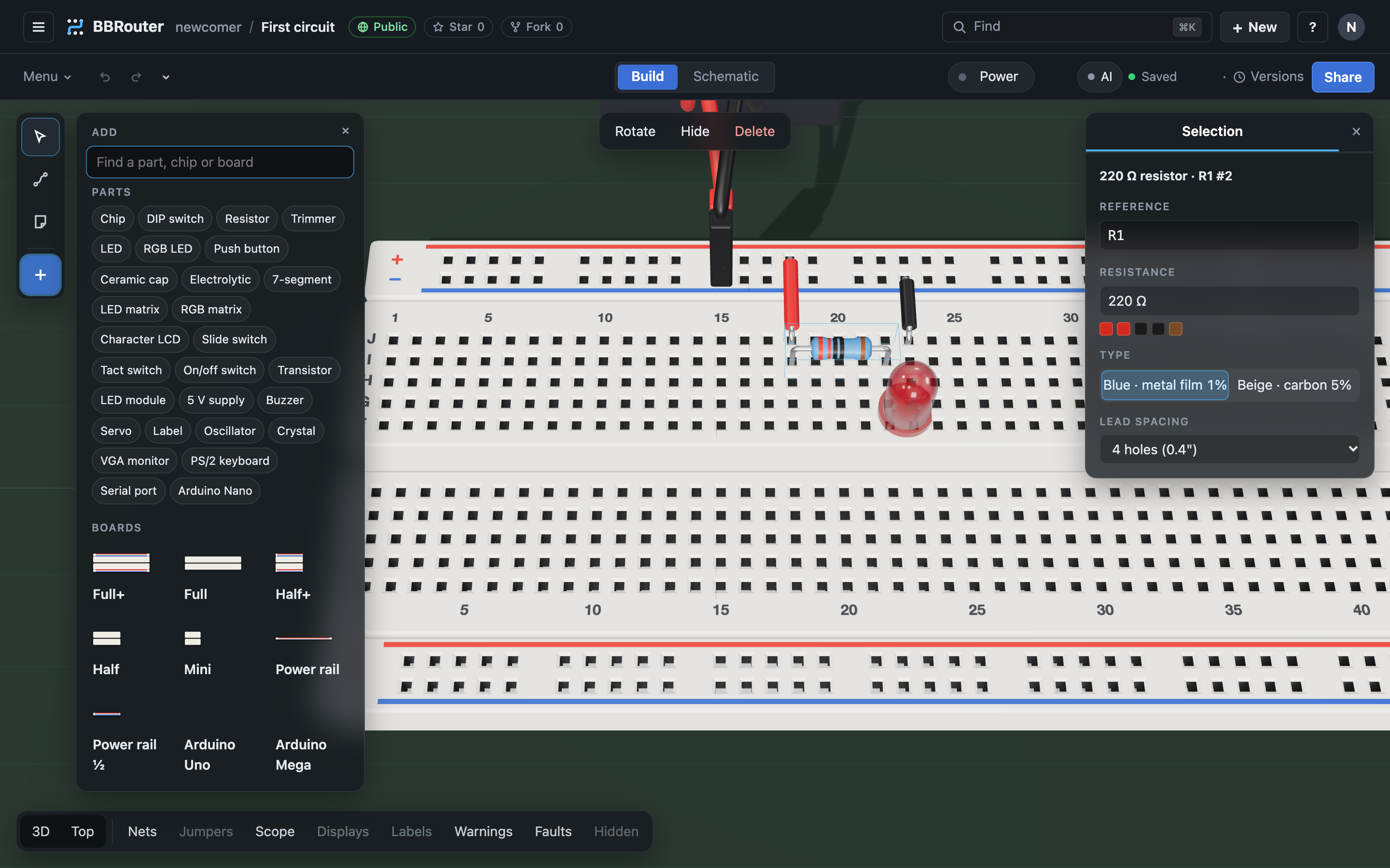 The BBRouter screen: the library of parts open on the left, a breadboard in the middle, and the selected resistor's settings on the right